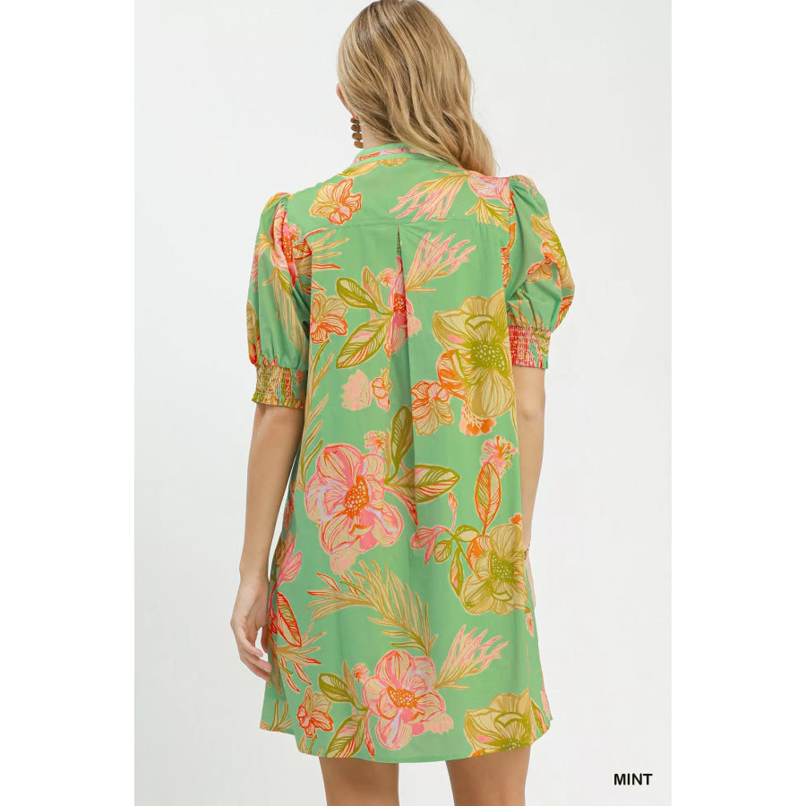 Umgee Botanical Print Dress with Smocked Cuffs Apparel and Accessories