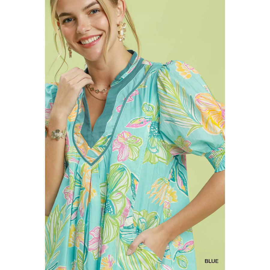 Umgee Botanical Print Dress with Smocked Cuffs Apparel and Accessories