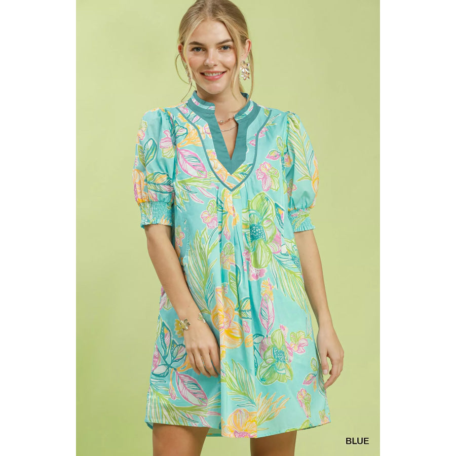 Umgee Botanical Print Dress with Smocked Cuffs BLUE / S Apparel and Accessories