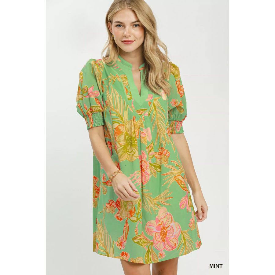 Umgee Botanical Print Dress with Smocked Cuffs MINT / S Apparel and Accessories