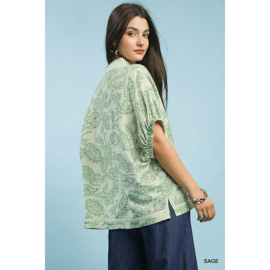 Umgee Botanical Print Mixed Trim Tunic Top Apparel and Accessories