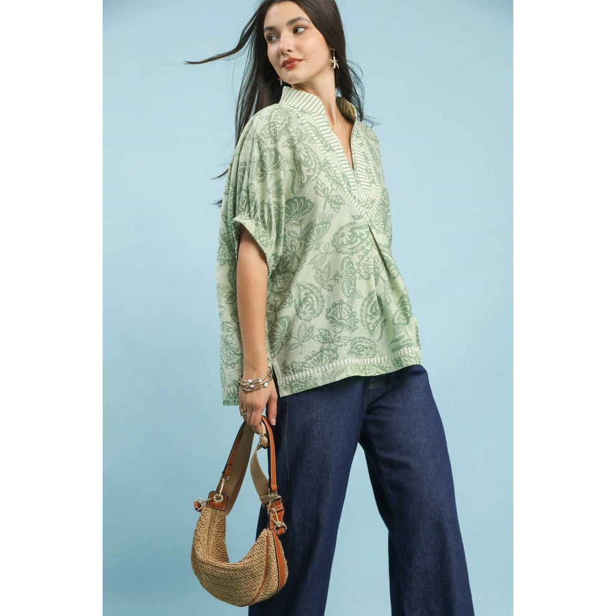 Umgee Botanical Print Mixed Trim Tunic Top SAGE / S Apparel and Accessories