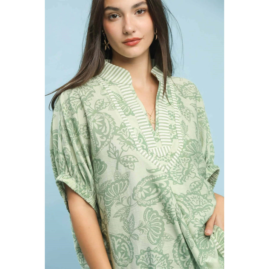 Umgee Botanical Print Mixed Trim Tunic Top Apparel and Accessories