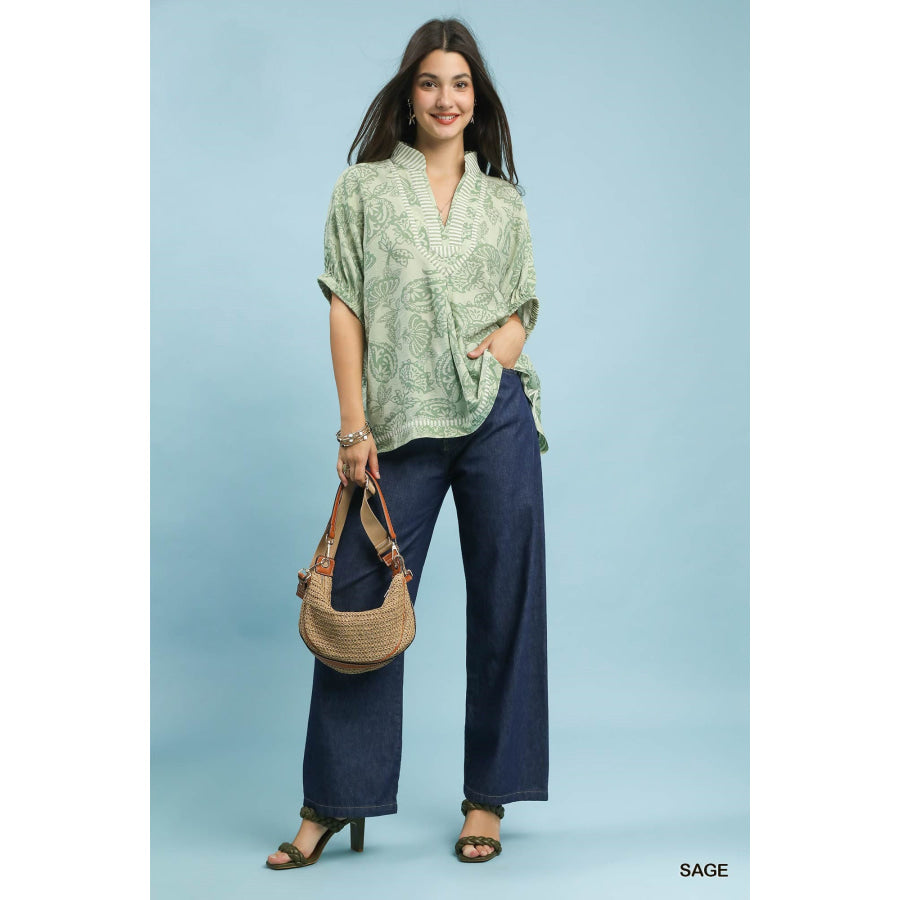 Umgee Botanical Print Mixed Trim Tunic Top Apparel and Accessories