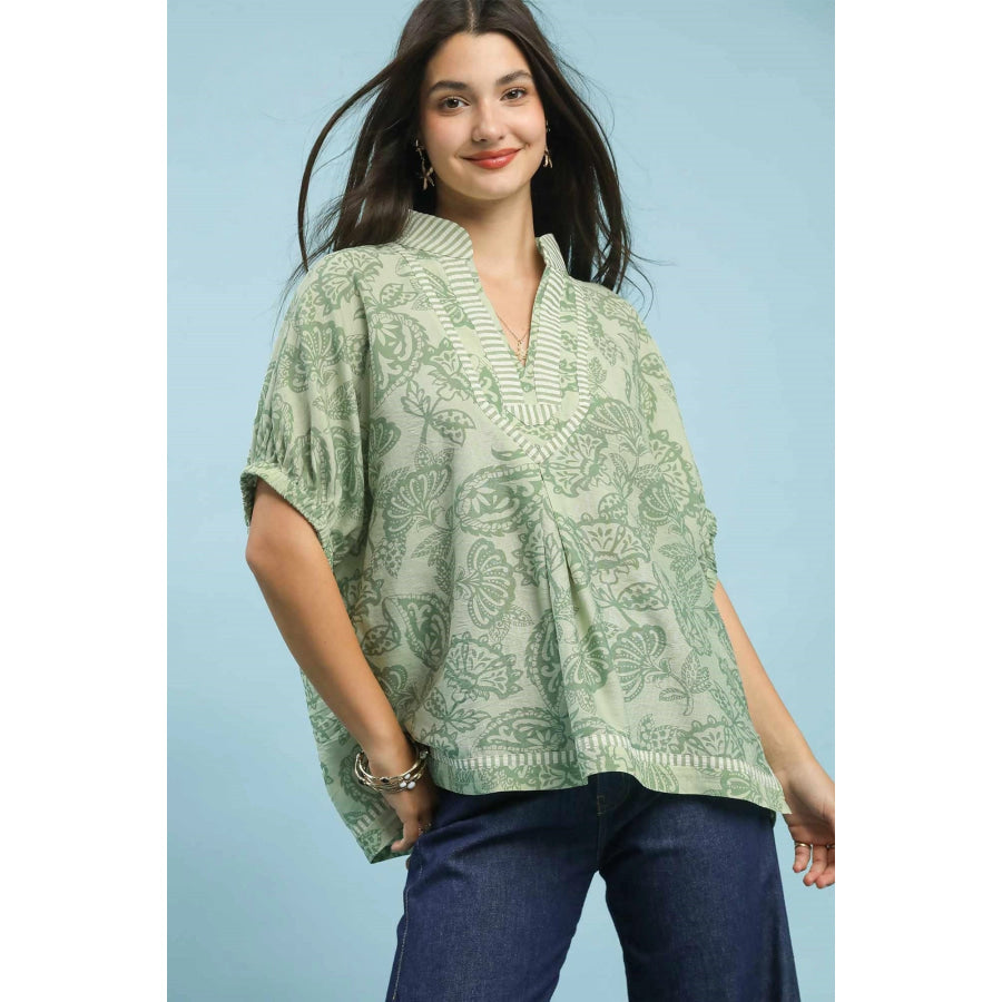 Umgee Botanical Print Mixed Trim Tunic Top SAGE / S Apparel and Accessories
