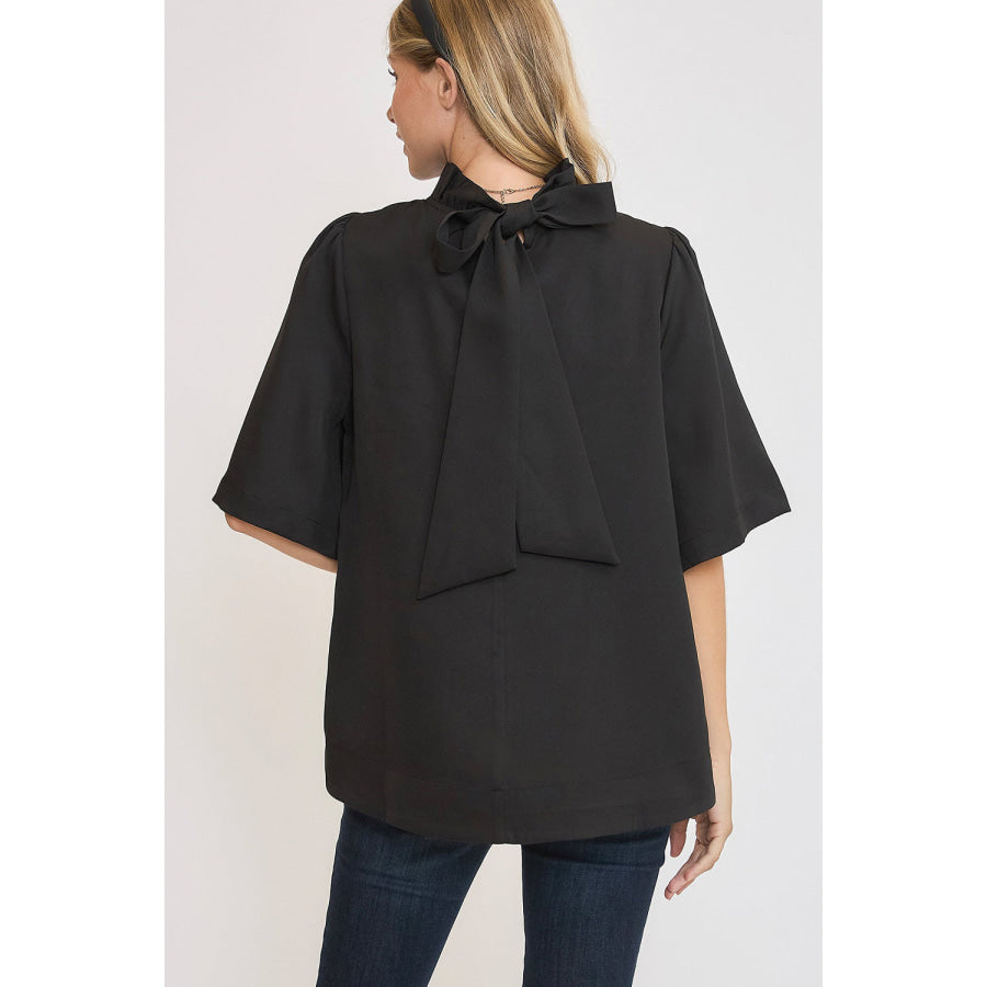 Umgee Bow Tie Back Mock Neck Half Sleeve Blouse Black / S Apparel and Accessories