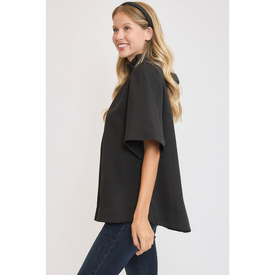 Umgee Bow Tie Back Mock Neck Half Sleeve Blouse Apparel and Accessories