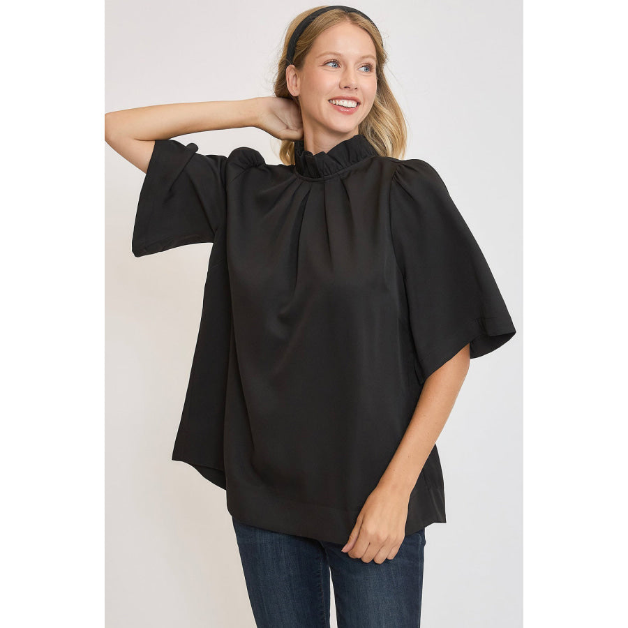 Umgee Bow Tie Back Mock Neck Half Sleeve Blouse Black / S Apparel and Accessories