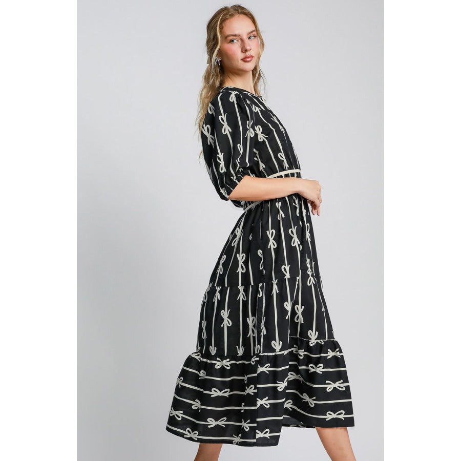 Umgee Bow Tie Print Notched Contrast Velvet Trim Midi Dress Apparel and Accessories