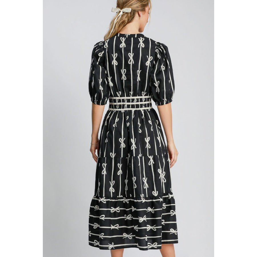 Umgee Bow Tie Print Notched Contrast Velvet Trim Midi Dress Apparel and Accessories