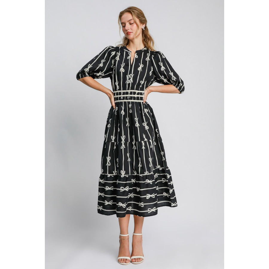 Umgee Bow Tie Print Notched Contrast Velvet Trim Midi Dress Apparel and Accessories