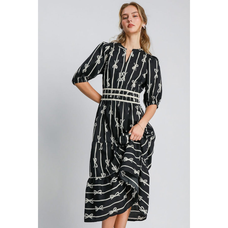 Umgee Bow Tie Print Notched Contrast Velvet Trim Midi Dress Black / S Apparel and Accessories