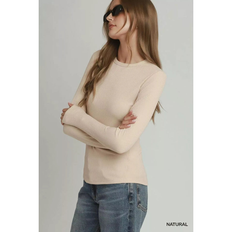 Umgee Brushed Rib Long Sleeve Top NATURAL / S Apparel and Accessories
