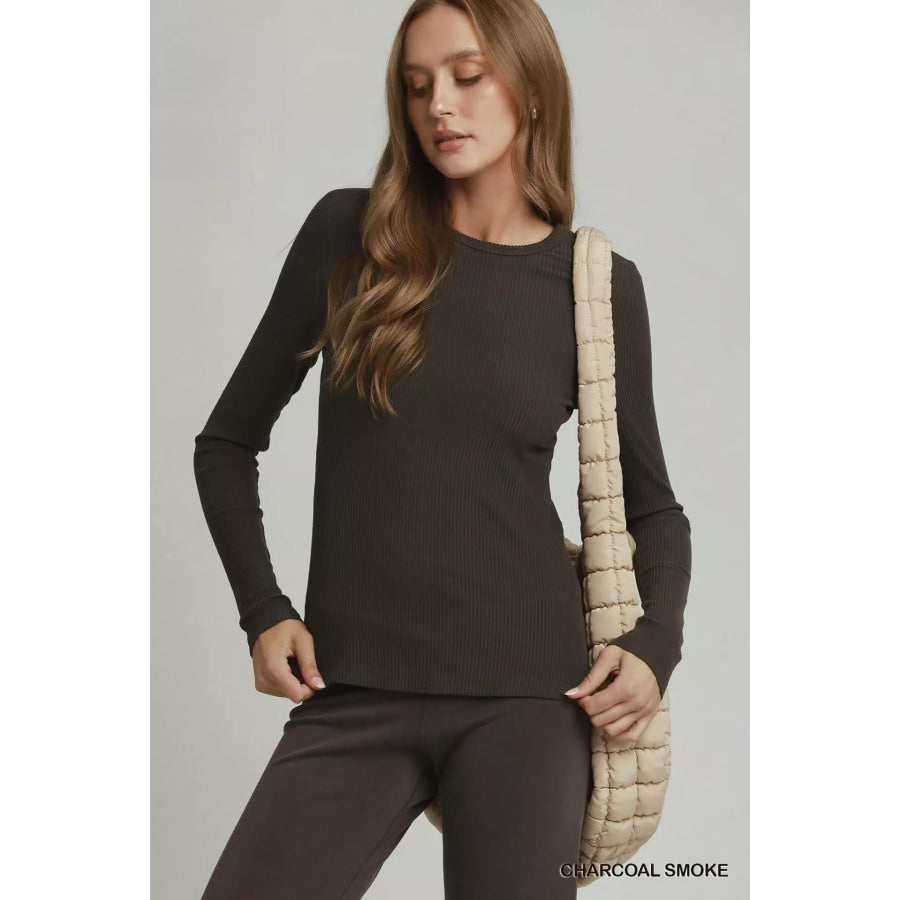 Umgee Brushed Rib Long Sleeve Top CHARCOAL SMOKE / S Apparel and Accessories