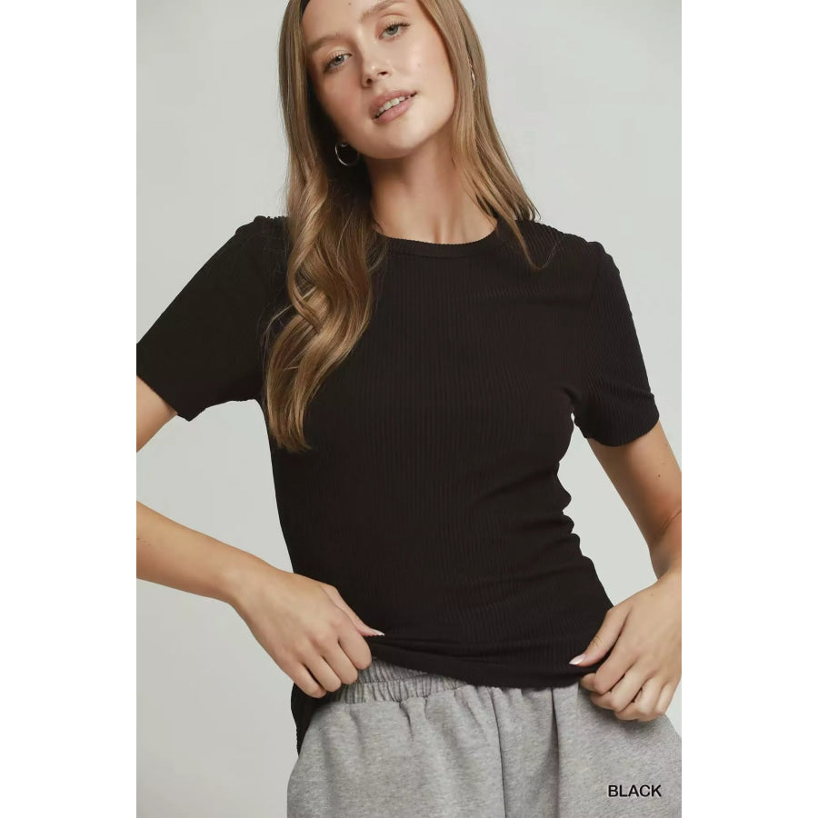 Umgee Brushed Rib Short Sleeve Top BLACK / S Apparel and Accessories