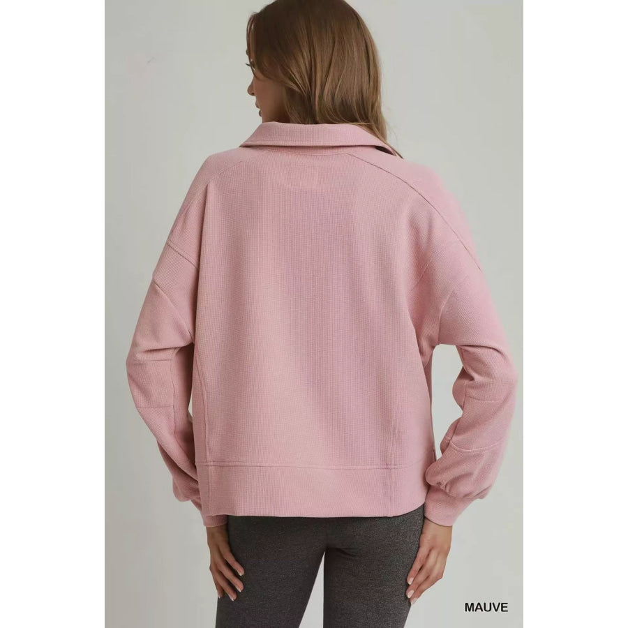 Umgee Brushed Waffle Polo Collared Pullover Apparel and Accessories