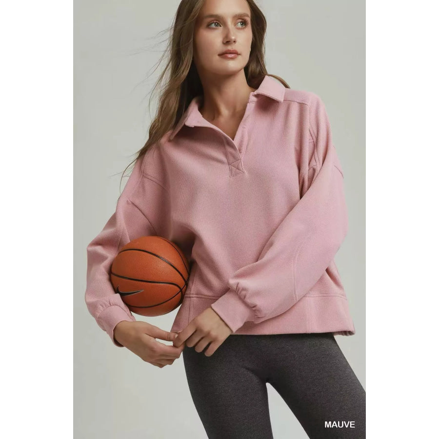 Umgee Brushed Waffle Polo Collared Pullover MAUVE / S Apparel and Accessories