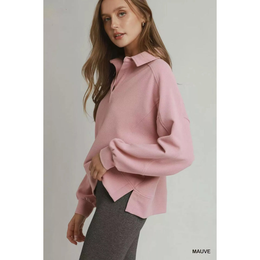 Umgee Brushed Waffle Polo Collared Pullover Apparel and Accessories
