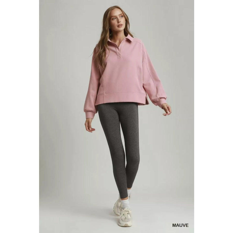 Umgee Brushed Waffle Polo Collared Pullover Apparel and Accessories
