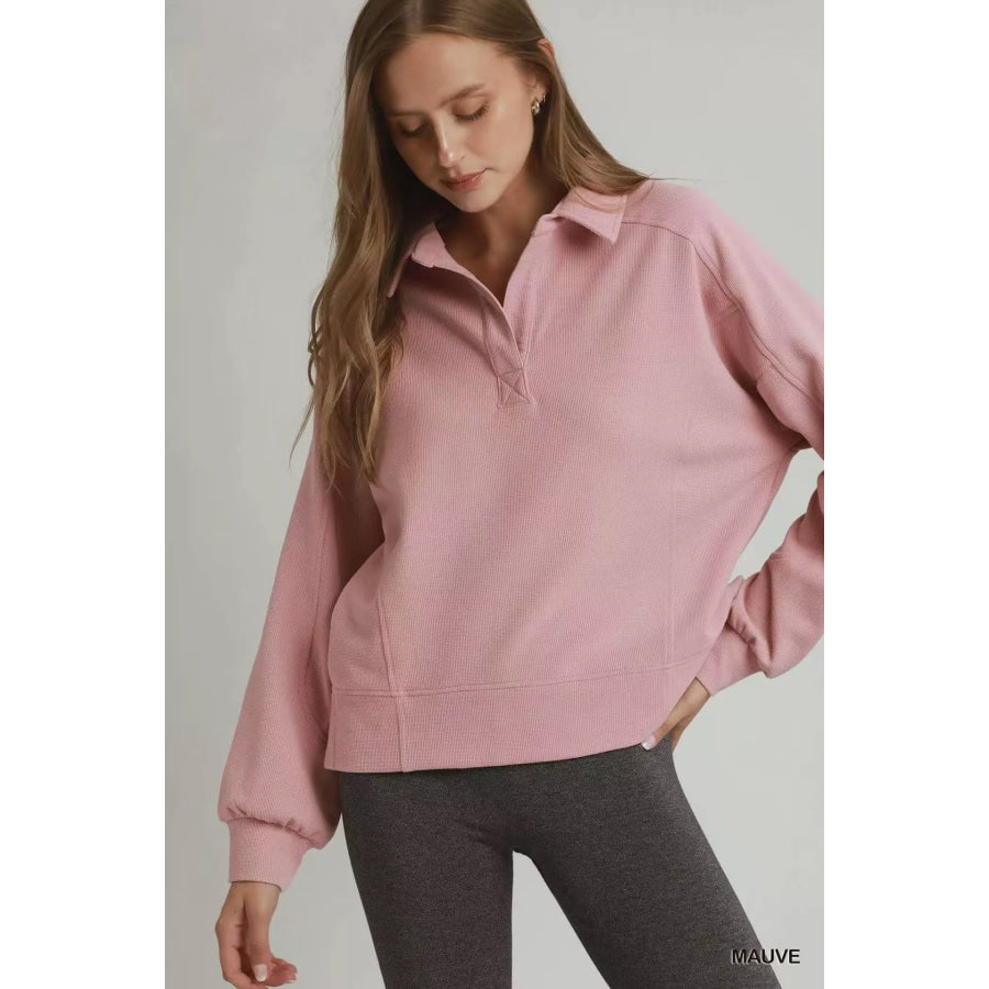 Umgee Brushed Waffle Polo Collared Pullover MAUVE / S Apparel and Accessories