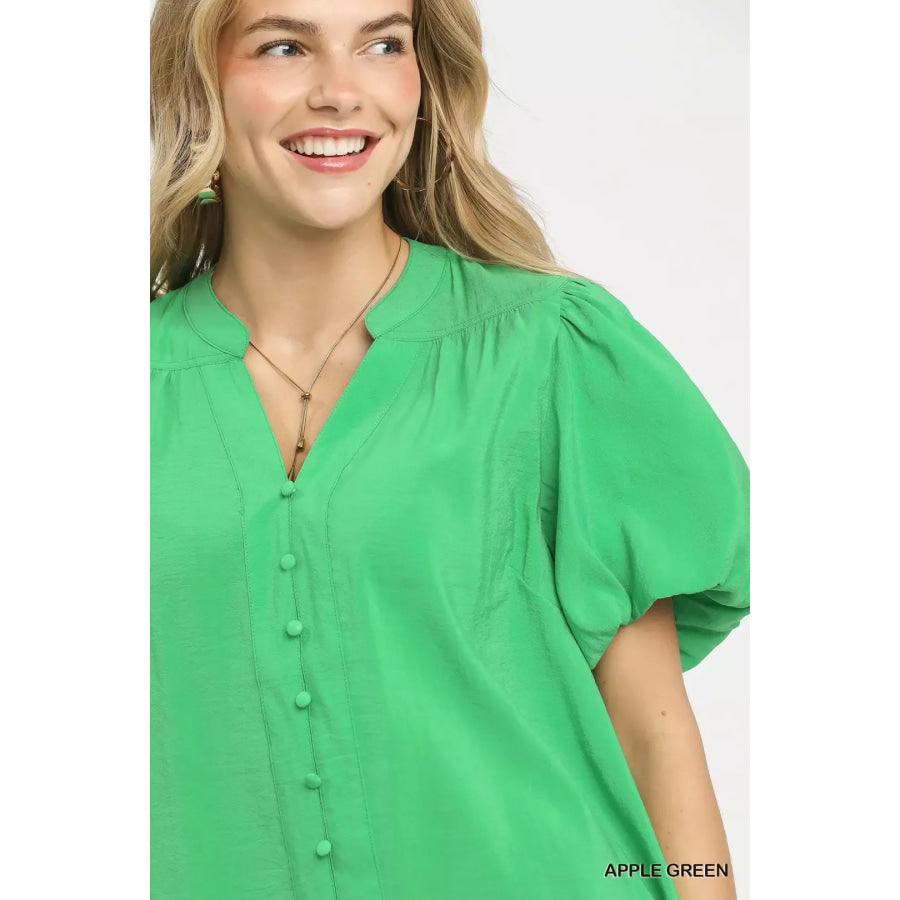 Umgee Button-Down Puff Sleeve Shirt Apparel and Accessories