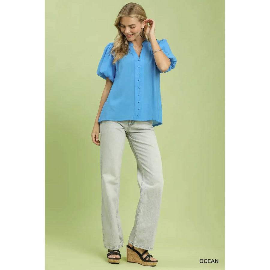 Umgee Button-Down Puff Sleeve Shirt Apparel and Accessories