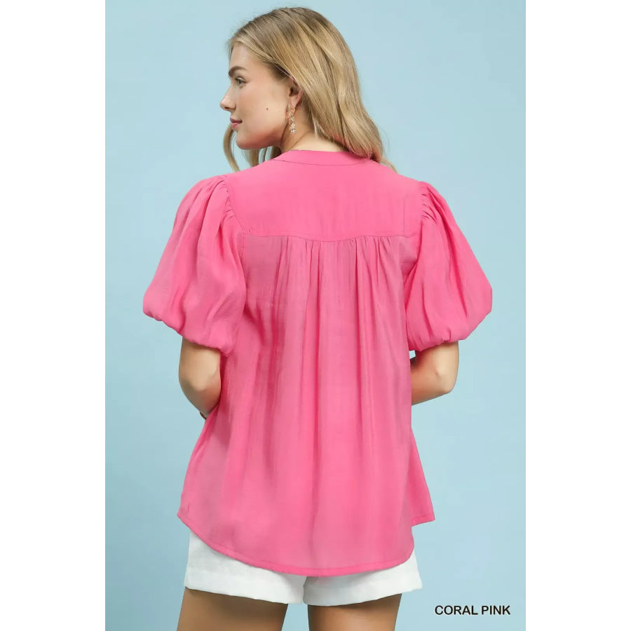 Umgee Button-Down Puff Sleeve Shirt Apparel and Accessories