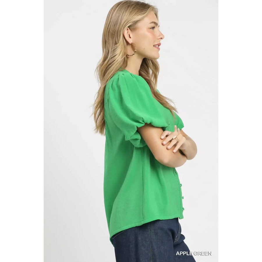 Umgee Button-Down Puff Sleeve Shirt APPLE GREEN / S Apparel and Accessories