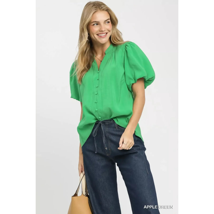 Umgee Button-Down Puff Sleeve Shirt Apparel and Accessories