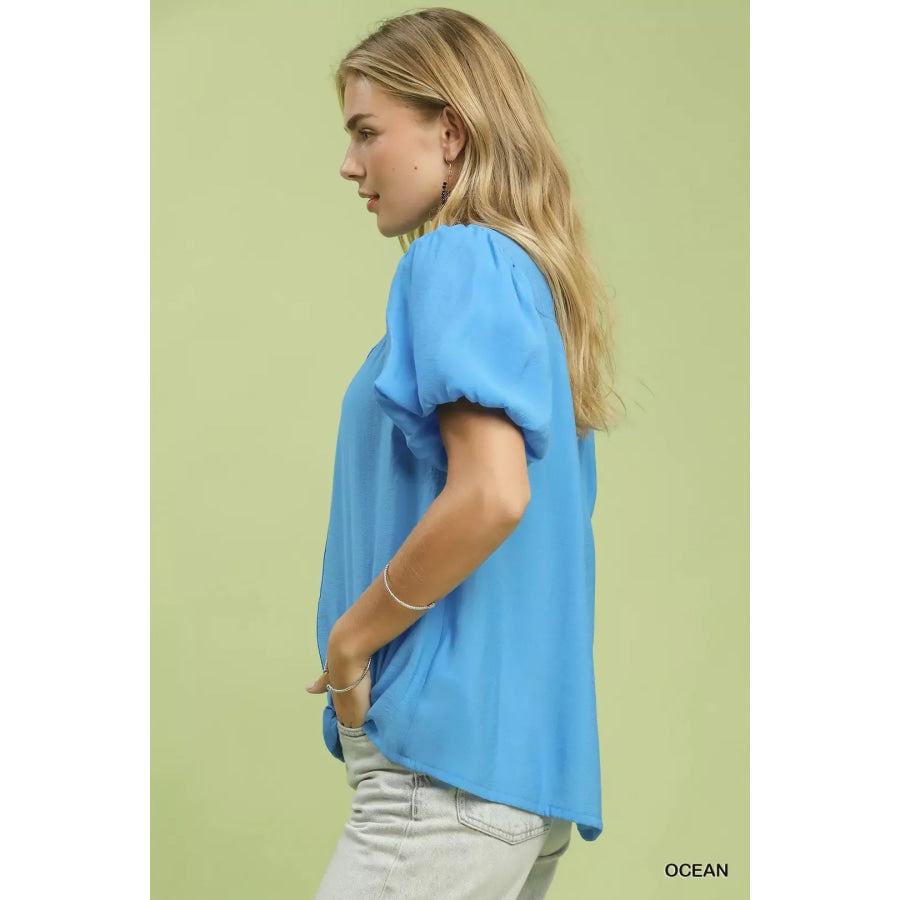 Umgee Button-Down Puff Sleeve Shirt OCEAN / S Apparel and Accessories