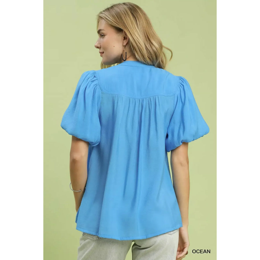 Umgee Button-Down Puff Sleeve Shirt Apparel and Accessories