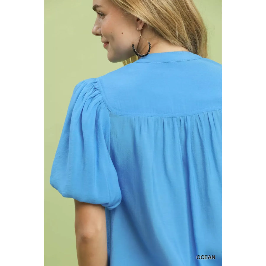 Umgee Button-Down Puff Sleeve Shirt Apparel and Accessories