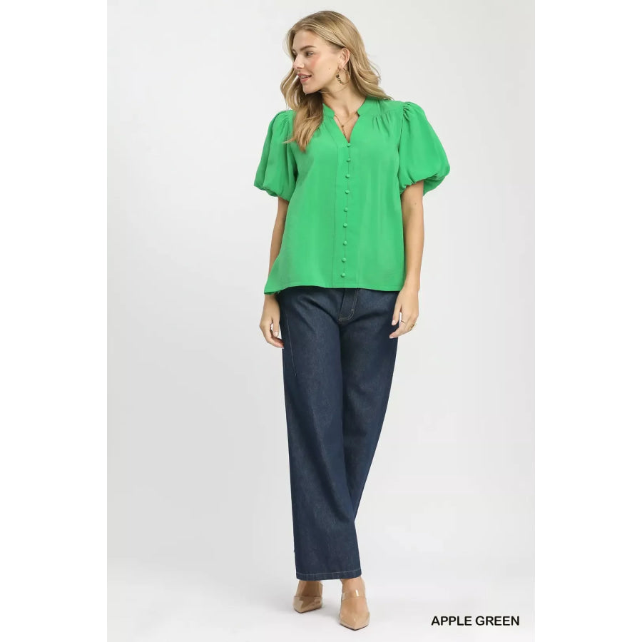 Umgee Button-Down Puff Sleeve Shirt Apparel and Accessories