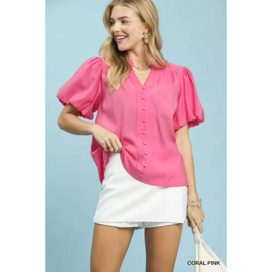 Umgee Button-Down Puff Sleeve Shirt CORAL PINK / S Apparel and Accessories