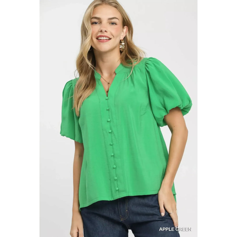 Umgee Button-Down Puff Sleeve Shirt APPLE GREEN / S Apparel and Accessories