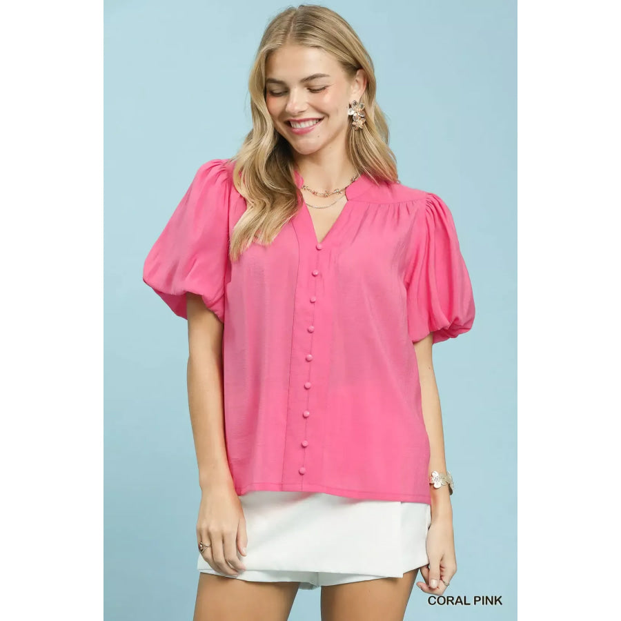 Umgee Button-Down Puff Sleeve Shirt CORAL PINK / S Apparel and Accessories