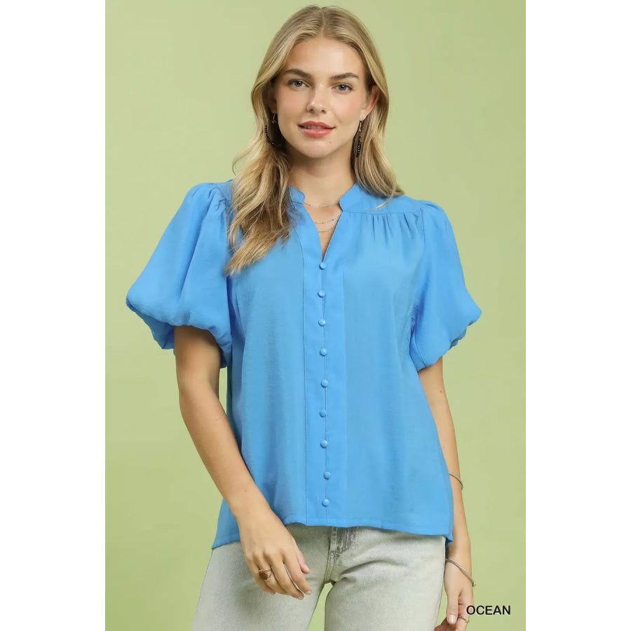 Umgee Button-Down Puff Sleeve Shirt OCEAN / S Apparel and Accessories