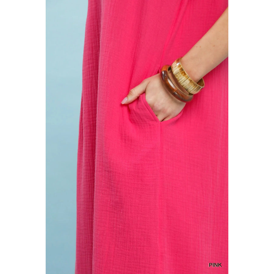 Umgee Button-Front Gauze Midi Dress with Lace Detail Apparel and Accessories