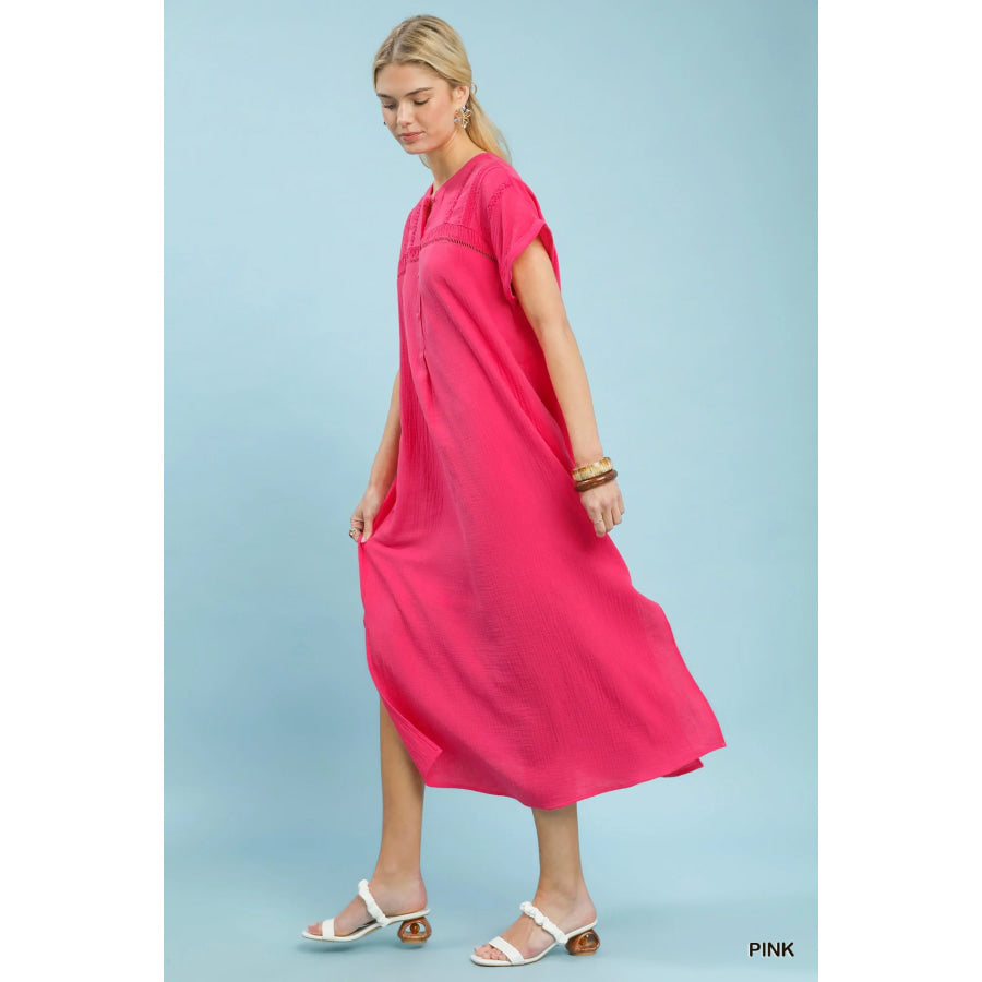 Umgee Button-Front Gauze Midi Dress with Lace Detail Apparel and Accessories