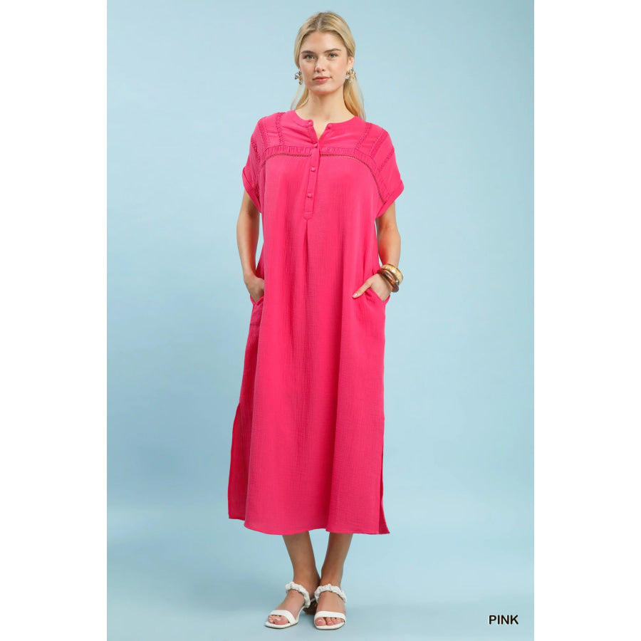 Umgee Button-Front Gauze Midi Dress with Lace Detail Apparel and Accessories