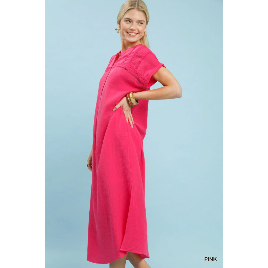 Umgee Button-Front Gauze Midi Dress with Lace Detail Apparel and Accessories