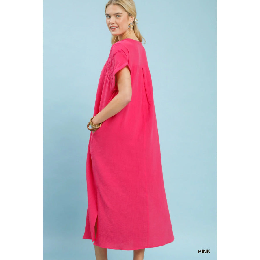 Umgee Button-Front Gauze Midi Dress with Lace Detail Apparel and Accessories