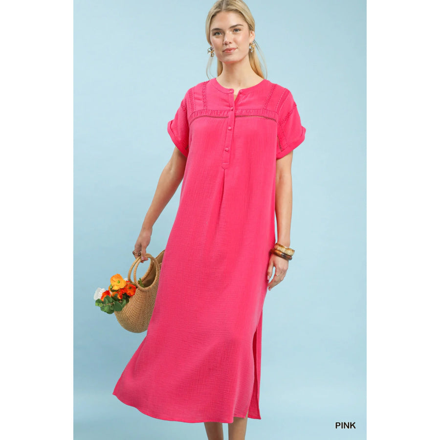 Umgee Button-Front Gauze Midi Dress with Lace Detail PINK / S Apparel and Accessories
