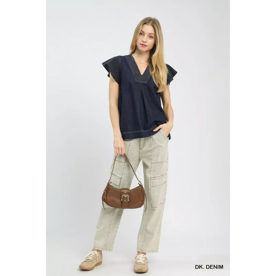 Umgee Cap Sleeve Denim Top Apparel and Accessories