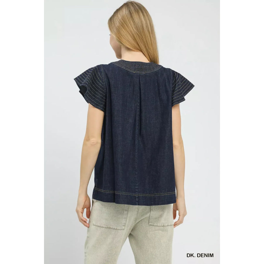 Umgee Cap Sleeve Denim Top Apparel and Accessories