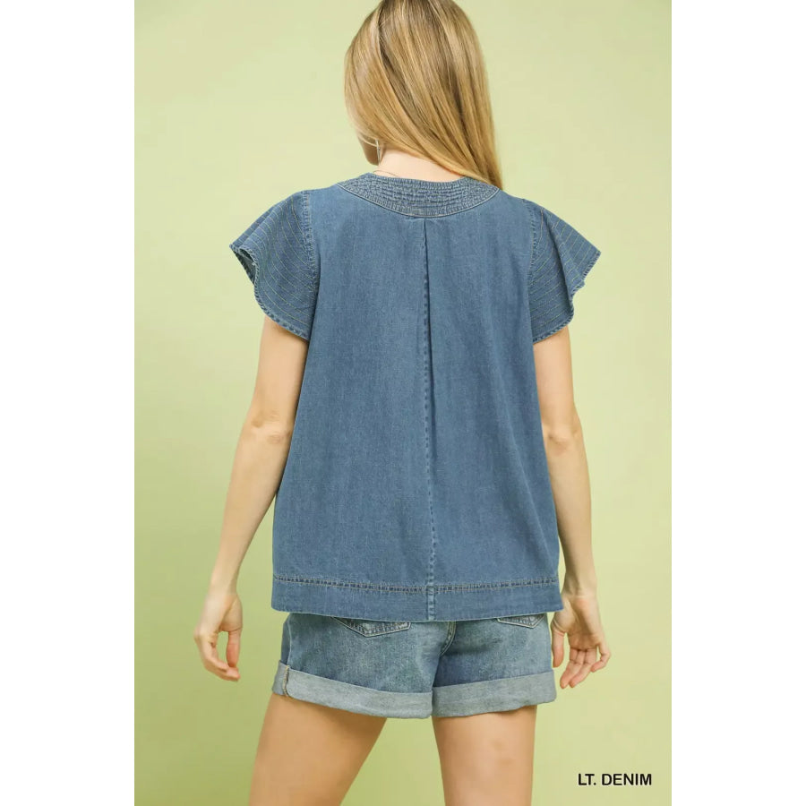 Umgee Cap Sleeve Denim Top Apparel and Accessories