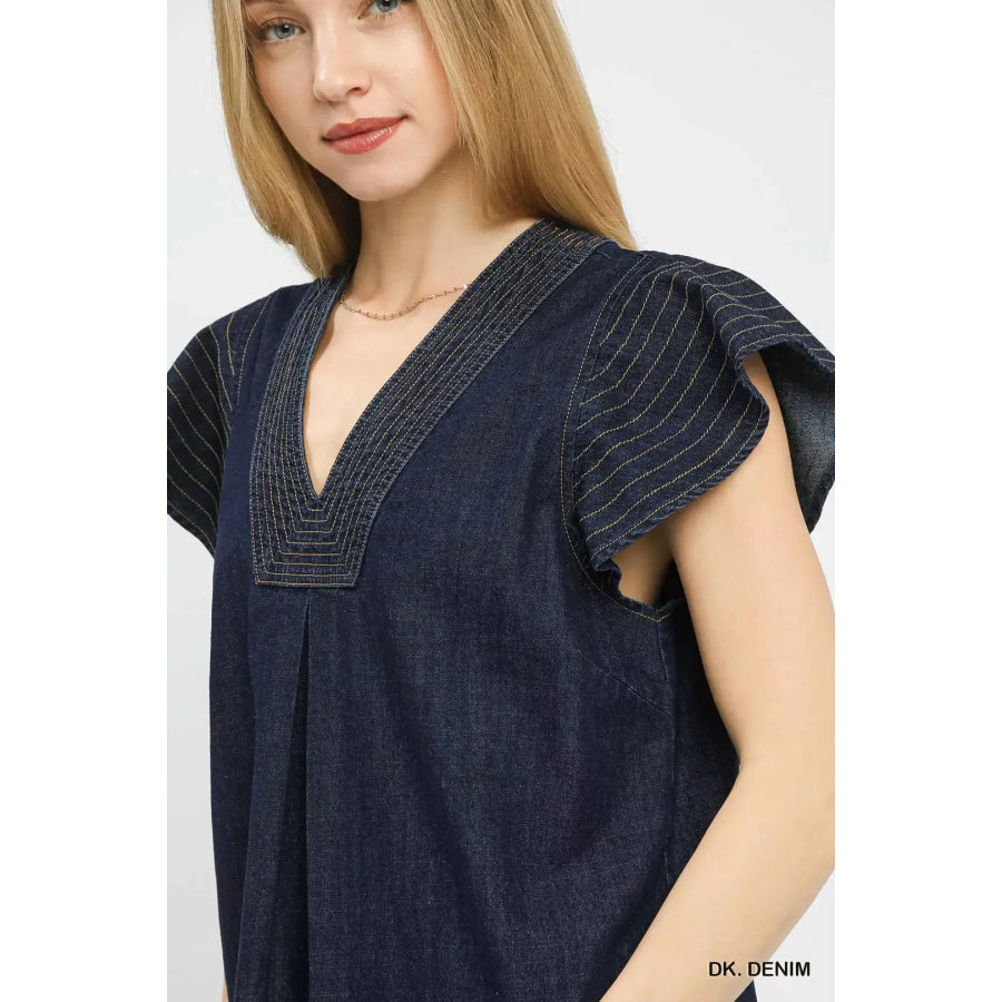 Umgee Cap Sleeve Denim Top Apparel and Accessories
