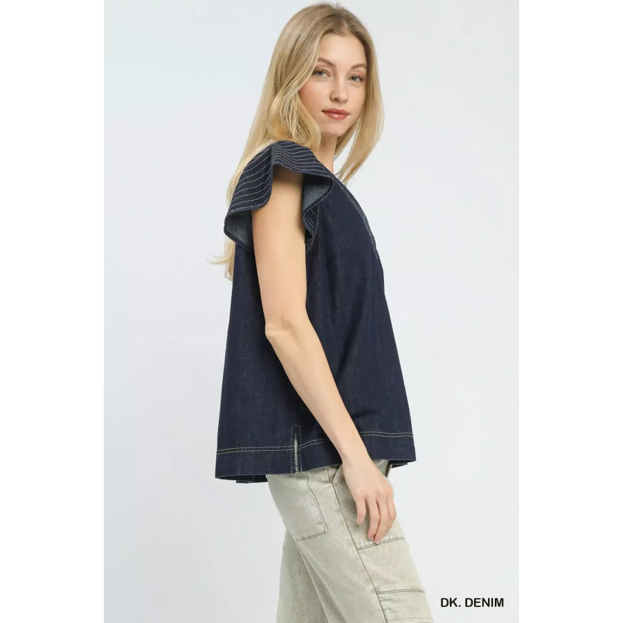 Umgee Cap Sleeve Denim Top DK. DENIM / S Apparel and Accessories