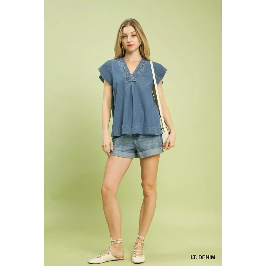 Umgee Cap Sleeve Denim Top Apparel and Accessories