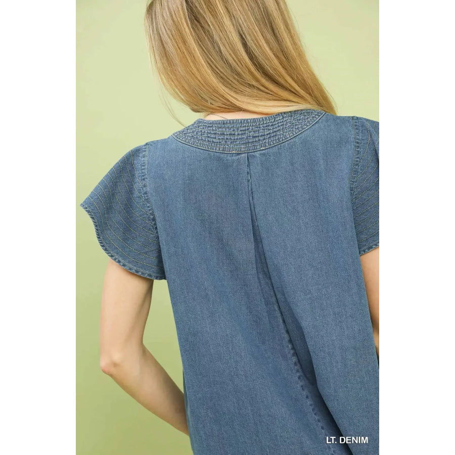 Umgee Cap Sleeve Denim Top Apparel and Accessories